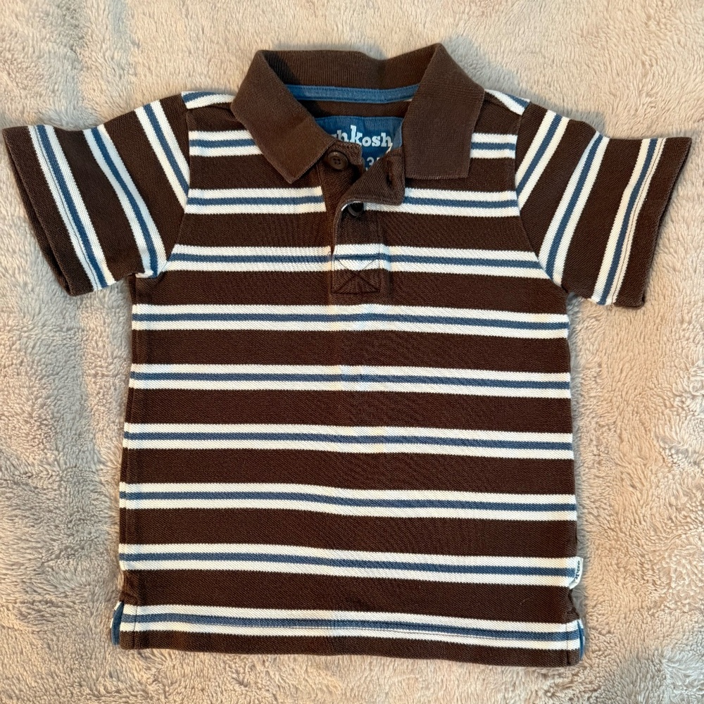 Brown blue white striped collared tshirt
